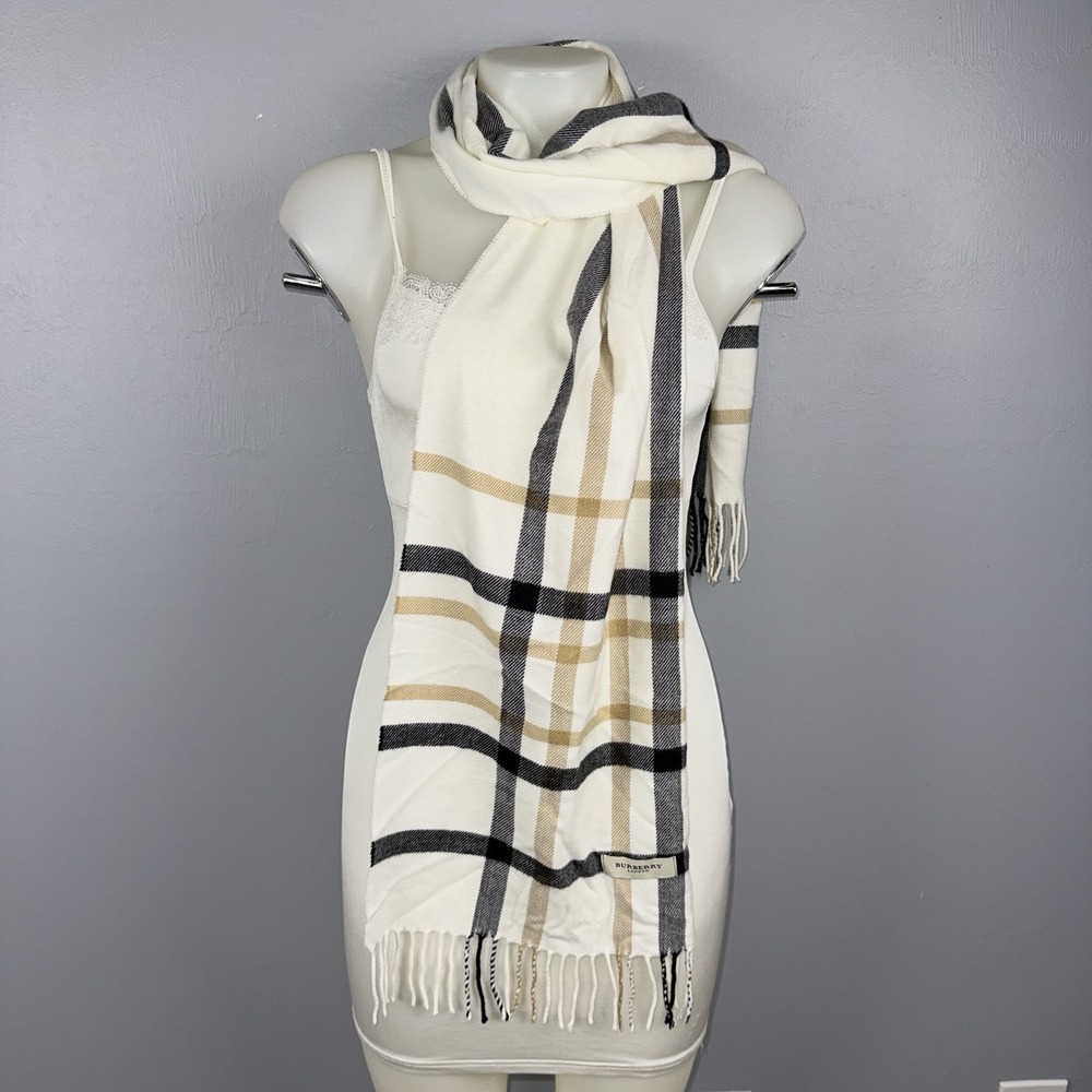 Burberry Cashmere Scarf Cream Black & Tan Wide Check Fringe 64x12.25"  *READ
